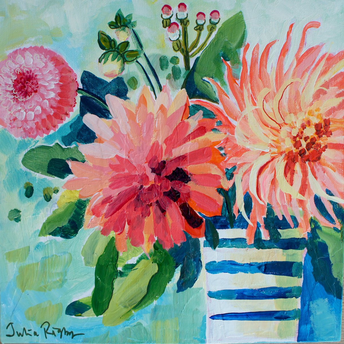 Impressionistic Botanical Acrylic Painting By Julia Rigby, 12 X 12", Dahlia Stems, Original Artwork