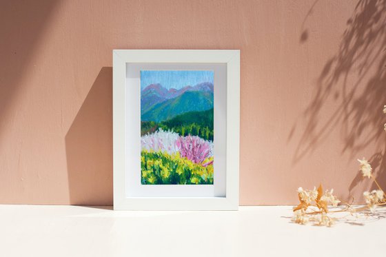 Mountain Original Painting, Flower Oil Pastel Drawing, Sunny Landscape Artwork, Nature Wall Art