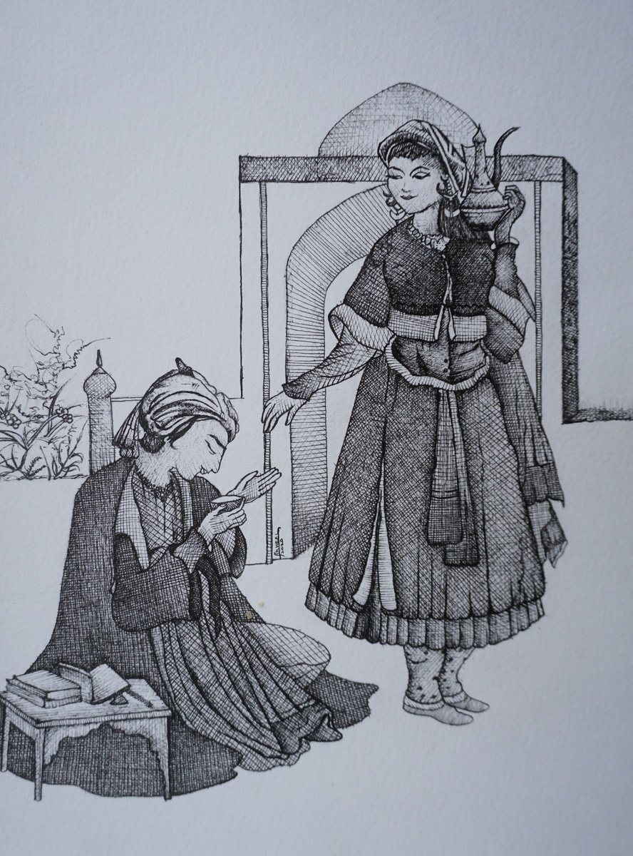 Pen and ink drawing of chughtai art by Syed Akheel