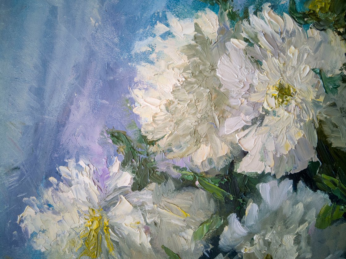 Expressive painting with a palette knife. Peonies flowers in a vase