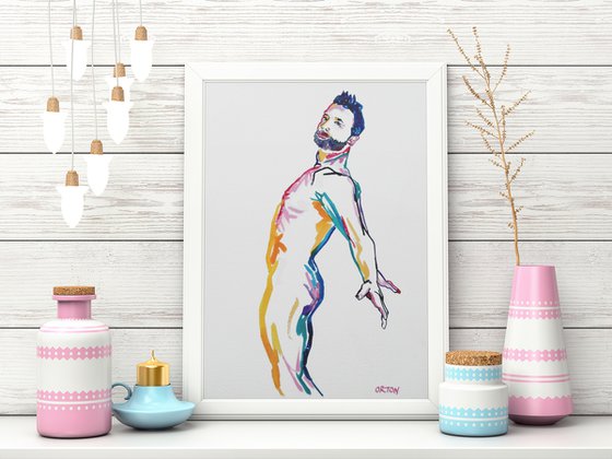 Male Nude Art Original Painting Drawing Charcoal Water Colour Nude