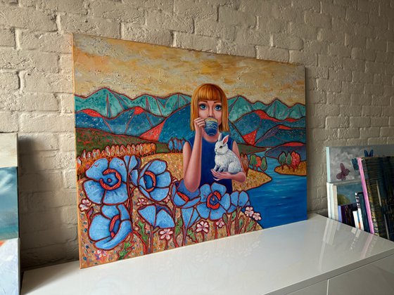 "Girl with a Rabbit" oil painting