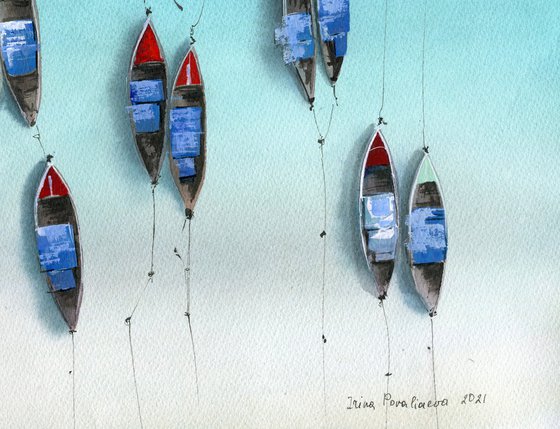 Sailboats at the coast original artwork, bright watercolor painting with boats in top view, blue and turquoise wall art, above bed decor, sea lovers gift