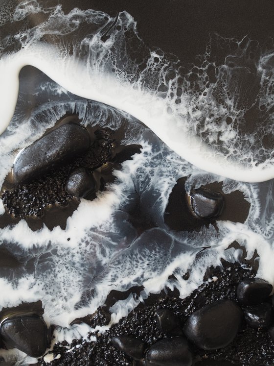 Black stones beach - original textured artwork, epoxy resin on board