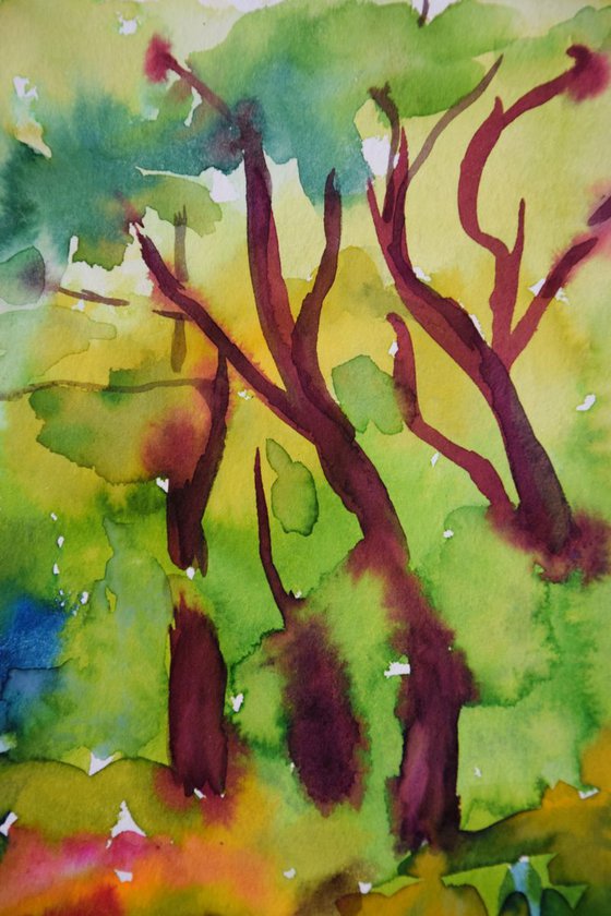 Blooming forest abstract landscape, original watercolor painting, Botanical garden