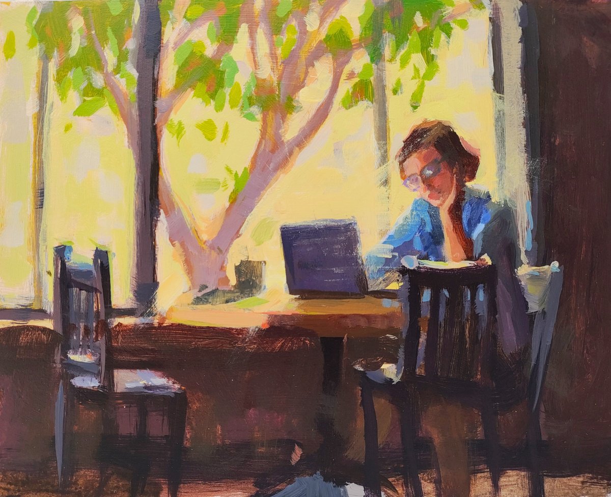 Impressionistic Portrait Acrylic Painting By Kristina Sellers, 10 X 8", Making Plans, Original Artwork