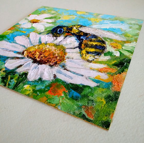 Bee and Daisy, Bee Painting Original Art Daisy Artwork Impasto Small Wall Art