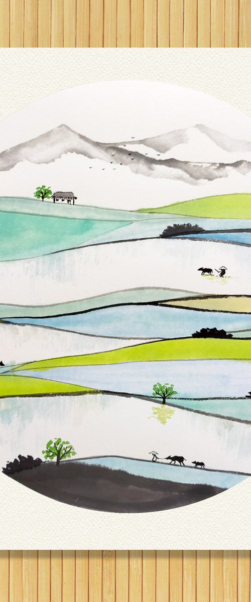 RAN ART - Chinese painting 38*38cm - Paddy field by RAN HAO