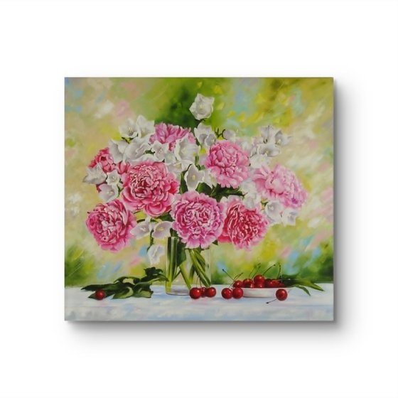 Pink Peonies in Glass Vase