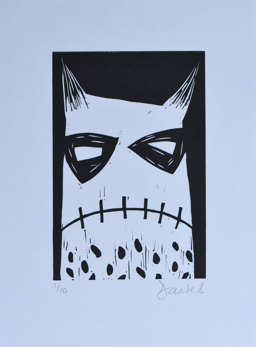 Portrait Linocut By Julian Davies, 7 X 9", This Is My Happy Face, Original Artwork