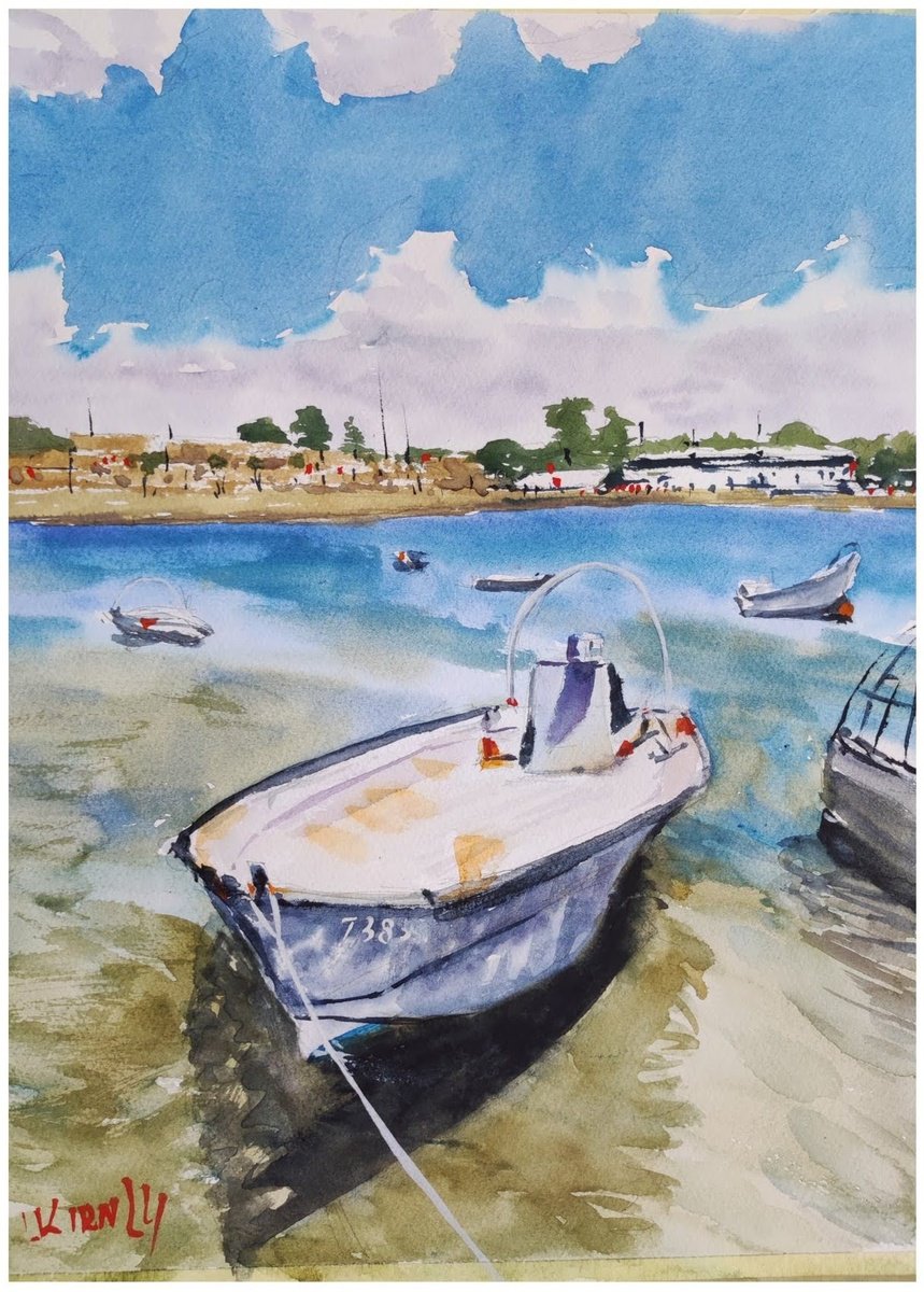 Impressionistic Landscape Watercolour By Leonid Kirnus, 10 X 14", Seascape With Boat, Original Artwork