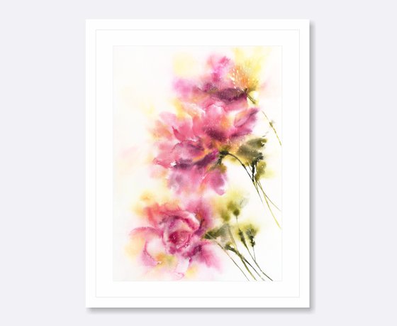 Pink flowers, abstract floral bouquet, watercolor