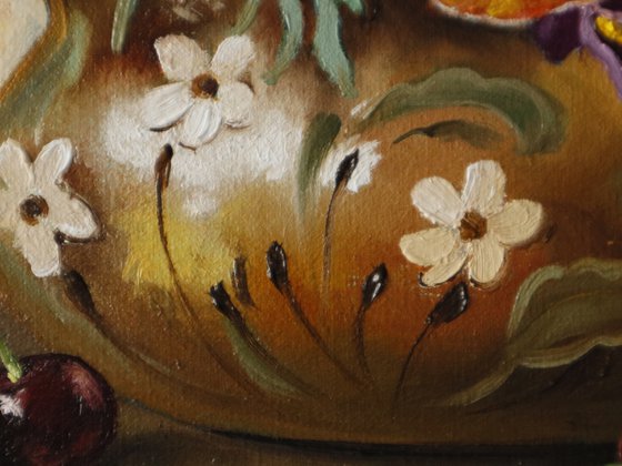 Pansies in Rustic Jug with Cherries