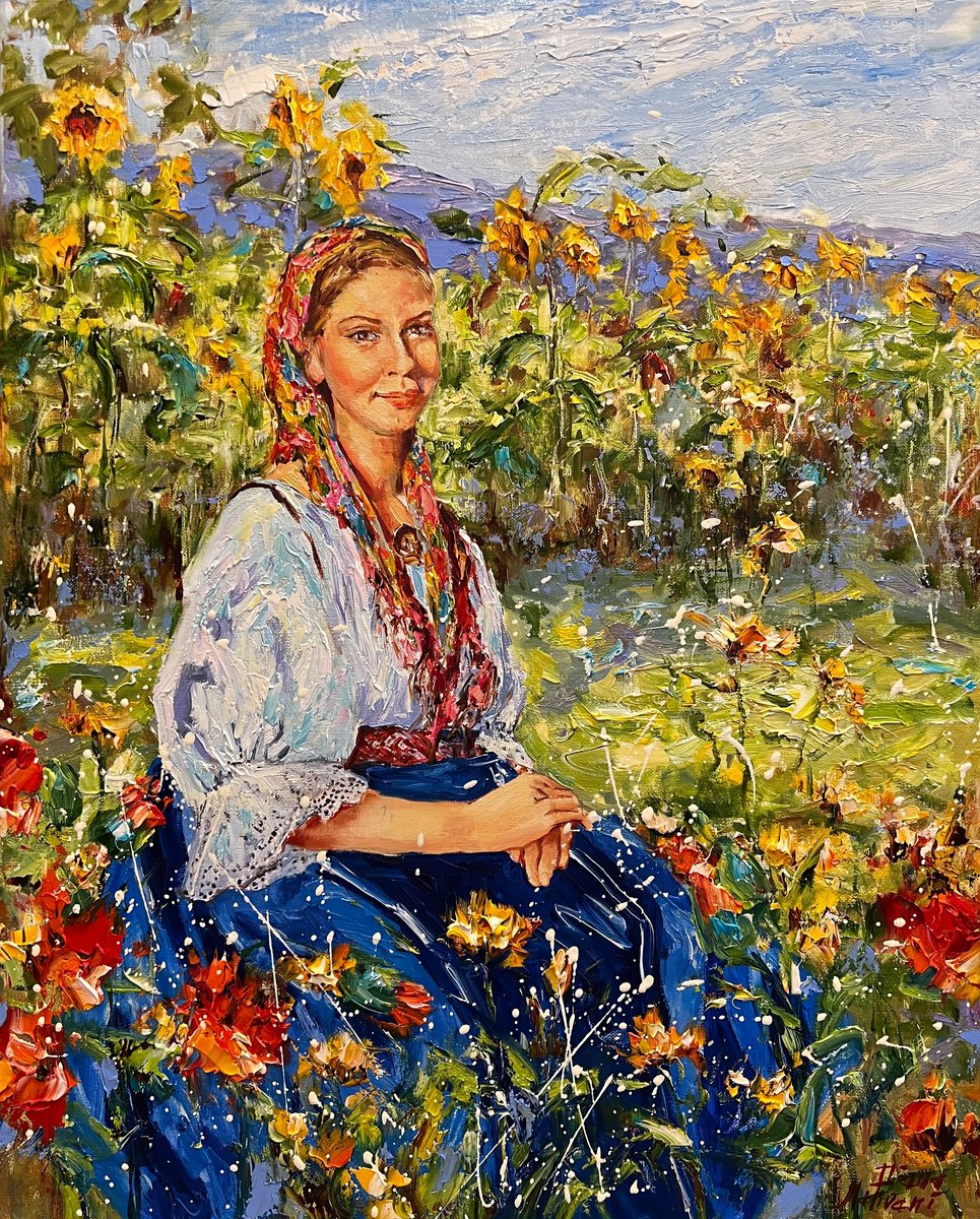 Impressionistic Portrait Oil Painting By Diana Malivani, 16 X 20, Au Milieu Des Fleurs, Original Artwork