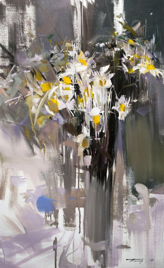Abstract Still Life Painting with Daisies "Scent of the Rain"
