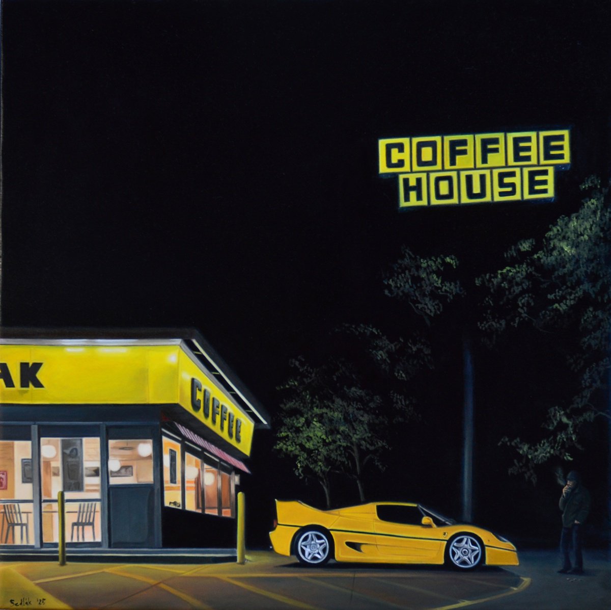 Photorealistic Landscape Oil Painting By Roman Sedlak, 28 X 28", Smoker / Ferrari F50, Original Artwork