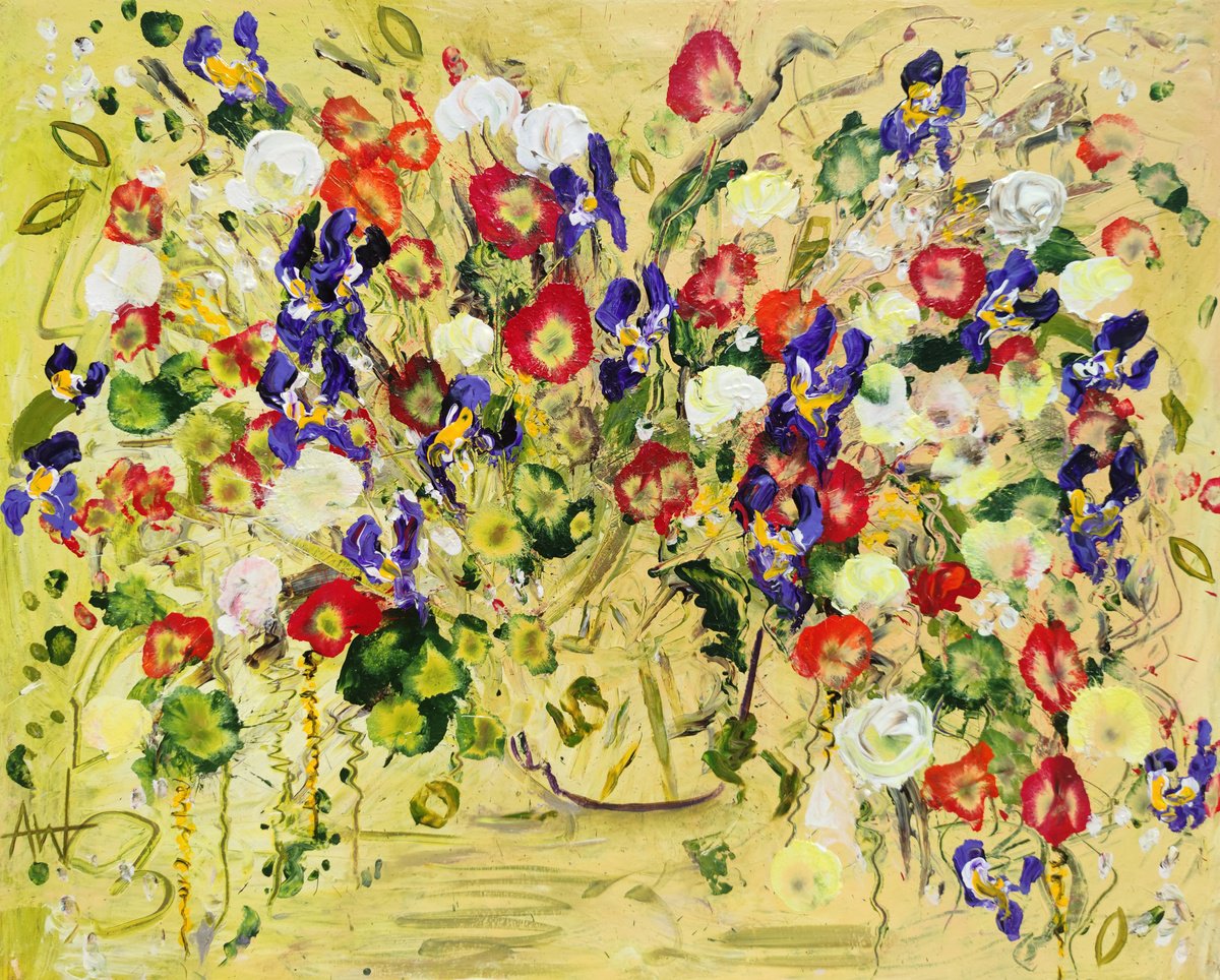 Impressionistic Botanical Acrylic Painting By Angie Wright, 39 X 32, Spring Bouquet, Original Artwork