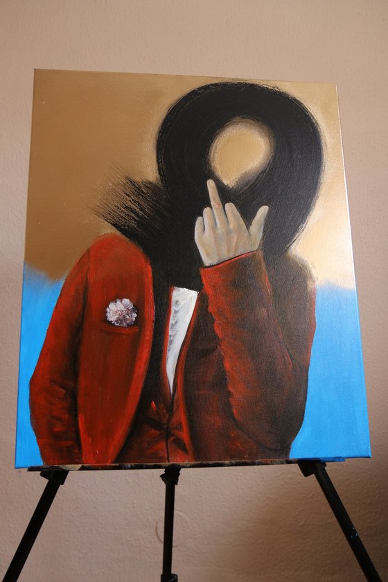 FUCK you -oil painting,Red jacket, calligrafy