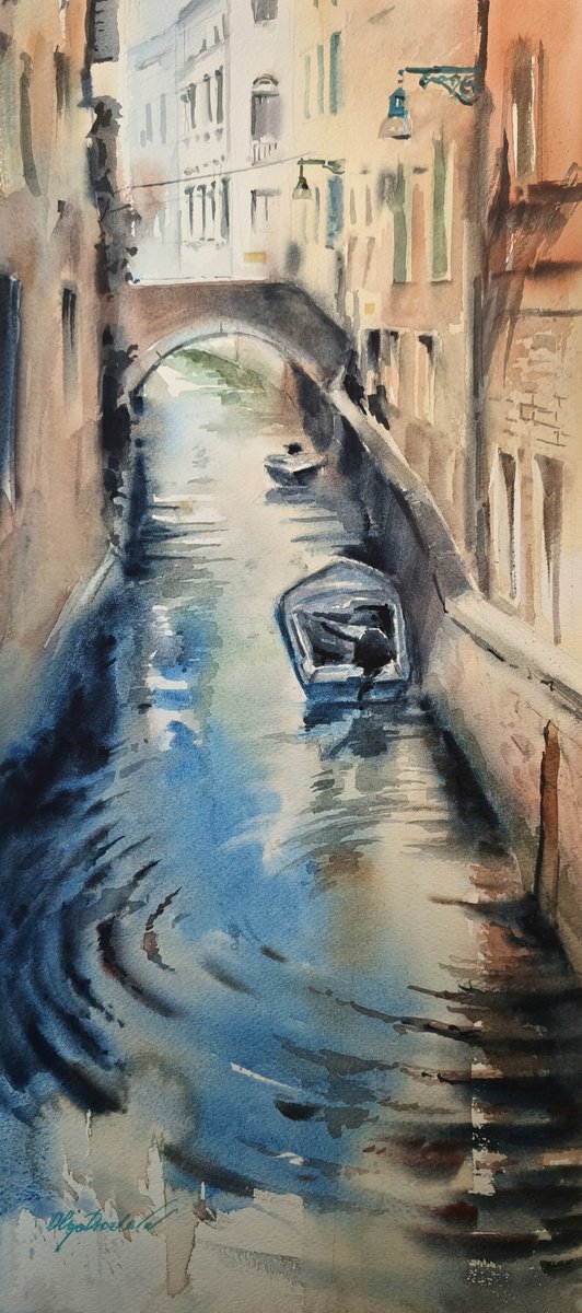 Impressionistic Cityscapes Watercolour By Olga Drozdova, 10 X 22", Venice Reflection, Original Artwork