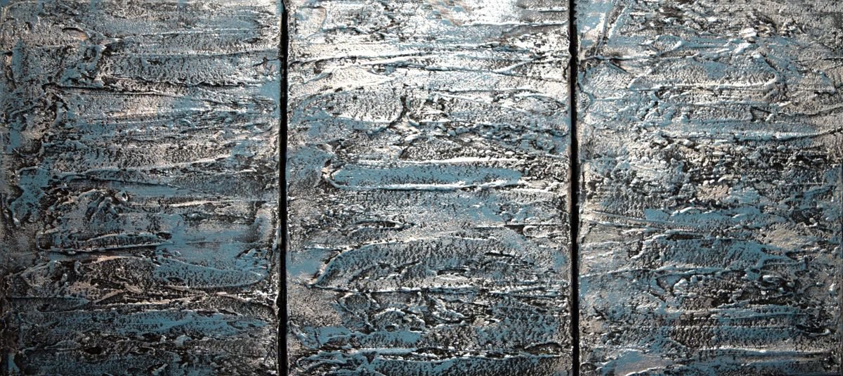 Geometric Abstract Acrylic Painting By Stuart Wright, 48 X 20", Triptych Silver 3, Original Artwork