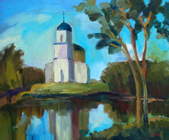 OLD CHURCH - one of a kind oil on canvas landscape church water home décor