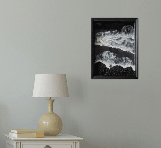 Black and white voluminous beach - original resin seascape artwork, 3d and framed