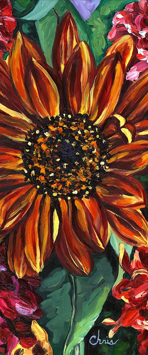 Bronze and Orange Sunflower with Dahlias by Christina M Plichta