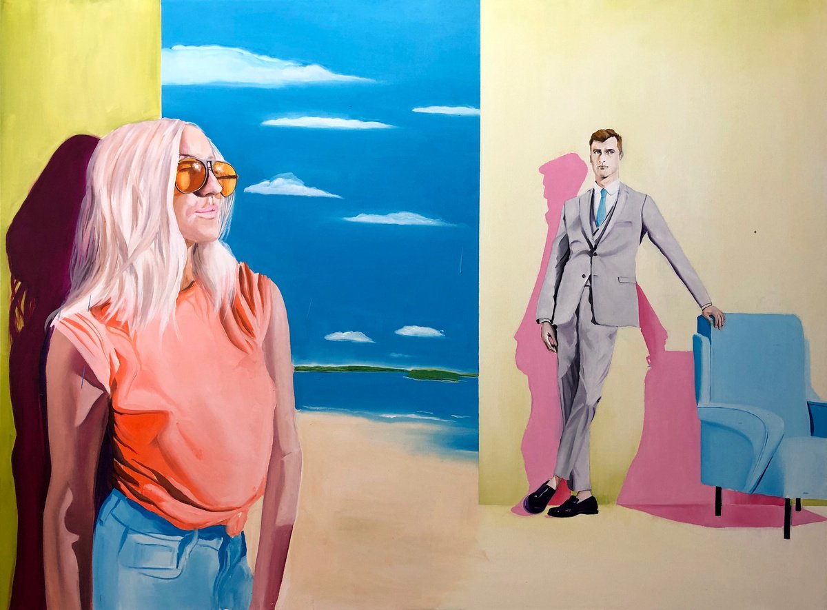 Urban And Pop Portrait Oil Painting By Kujbus Janos, 47 X 35", Sunglasses, Original Artwork