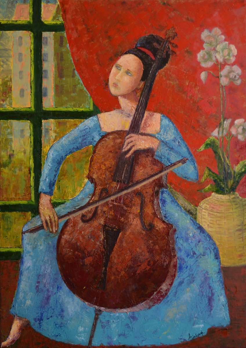 Naive Portrait Oil Painting By Albina Urbanek, 26 X 36, Violoncellist, Original Artwork