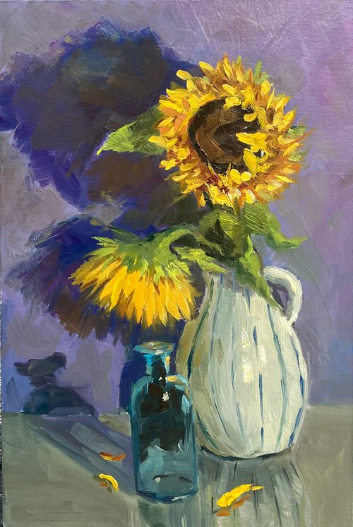 Twin Sunflowers on purple by Nithya Swaminathan