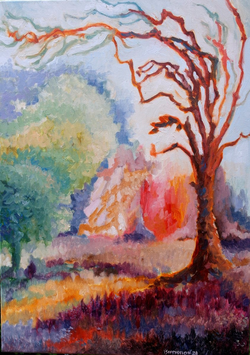 Expressive Abstract Oil Painting By Juri Semjonov, 20 X 28", Fairy Forest 5, Original Artwork