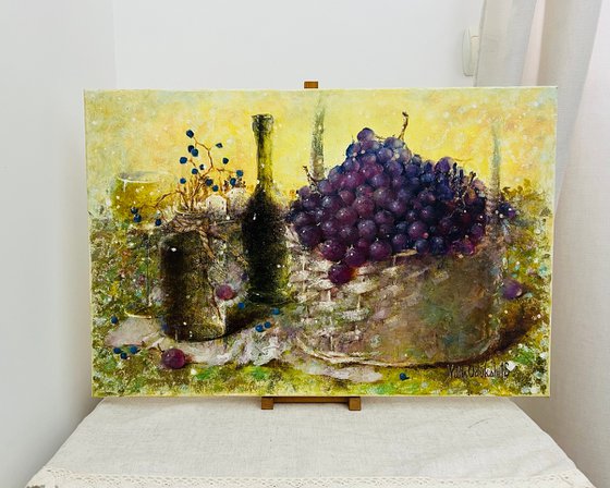 Still Life bottle grape basket