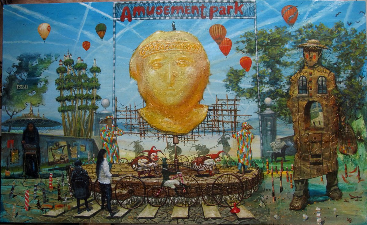 Surrealistic Landscape Oil Painting By Serhiy Roy, 55 X 33", Amusement Park, Original Artwork