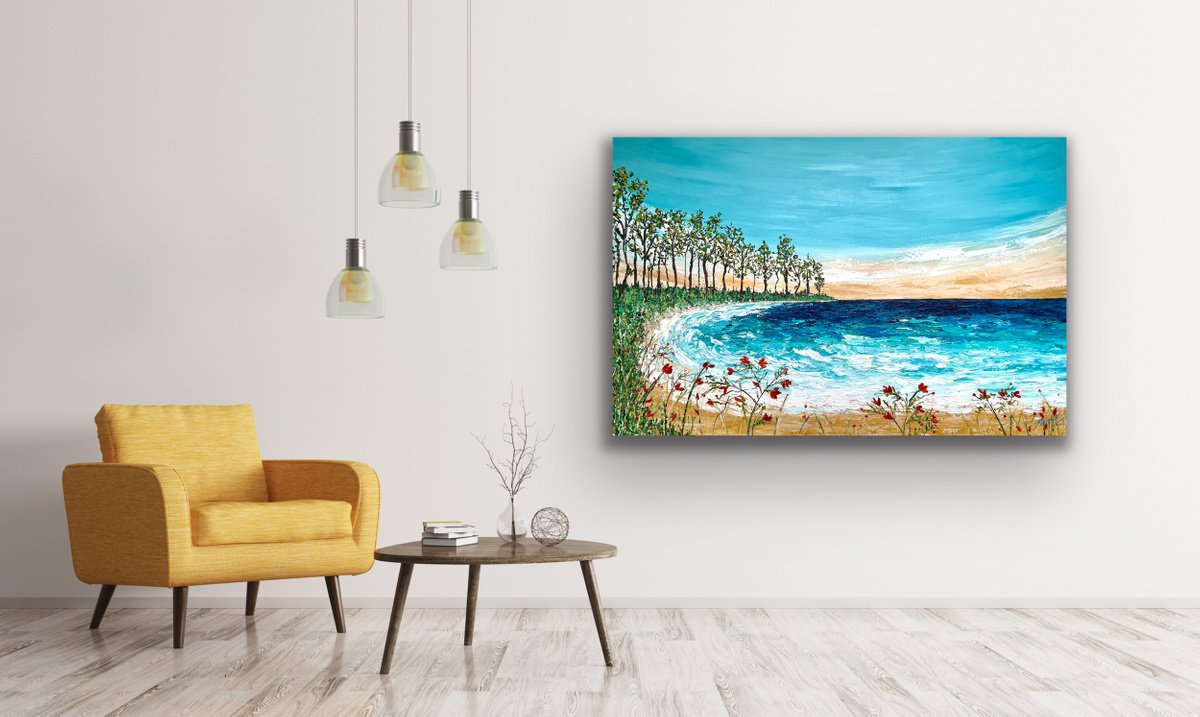 Abstract Landscape Acrylic Painting By Pooja Verma, 47 X 31", Laguna Blue Beach California, Original Artwork