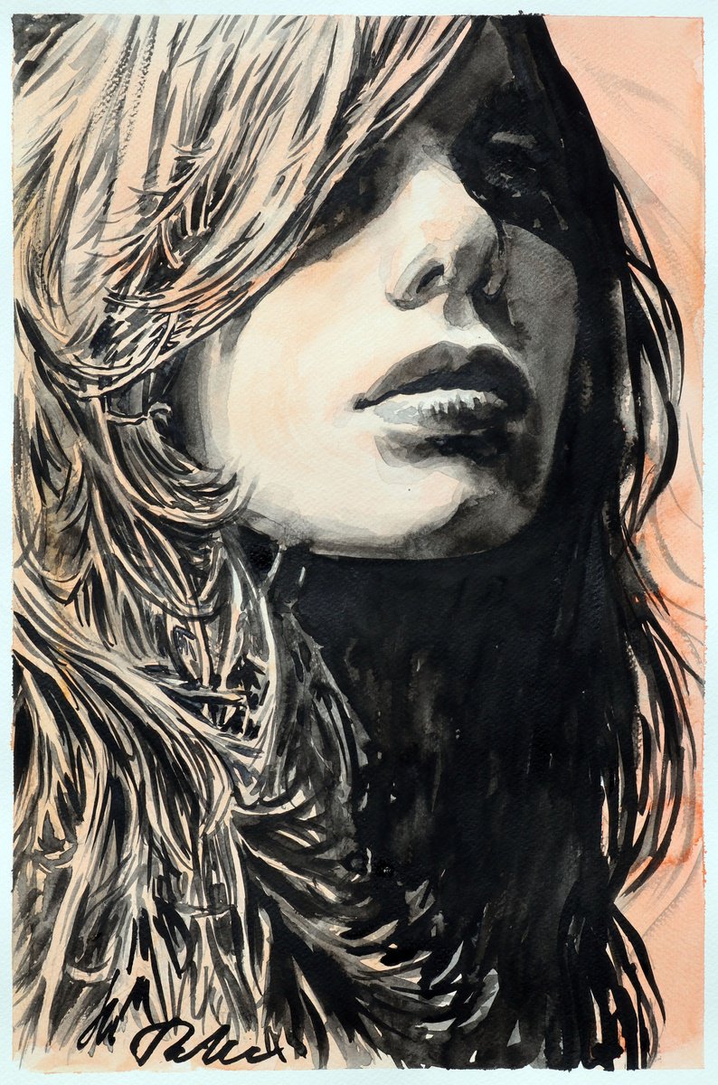 Urban And Pop Portrait Ink Drawing By Tashe, 12 X 18", In The Shadow, Original Artwork