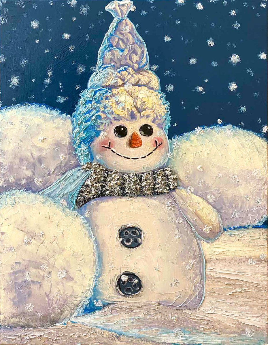 Impressionistic Still Life Oil Painting By Elena Adele Dmitrenko, 14 X 18, Cute Little Snowman, Original Artwork