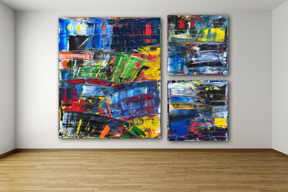 "The Gods Forgot They Made Me" - Save As A Series - Original Extra Large PMS Abstract Acrylic Painting Triptych on Gallery Wrap and Artist-Stretched Canvas - 96" x 72"