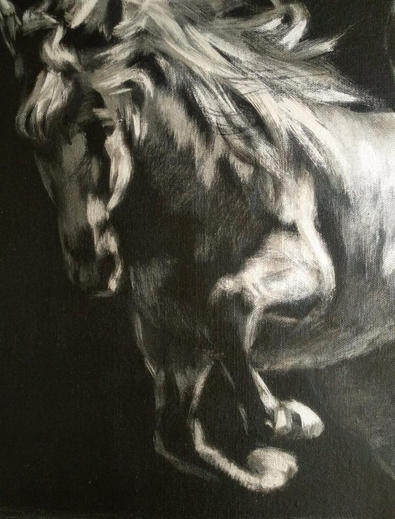 Equine Art Painting of Black Horse Wild Energy Black and Silver Minimalistic Art