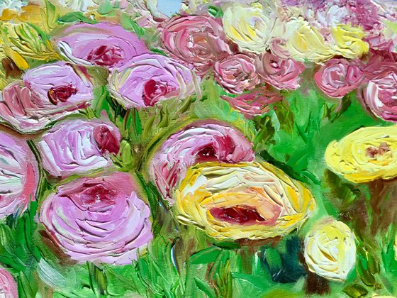 Large size WHITE PINK YELLOW PURPLE  ROSES in a Greenwich rose garden palette  knife modern still life  flowers office home decor gift