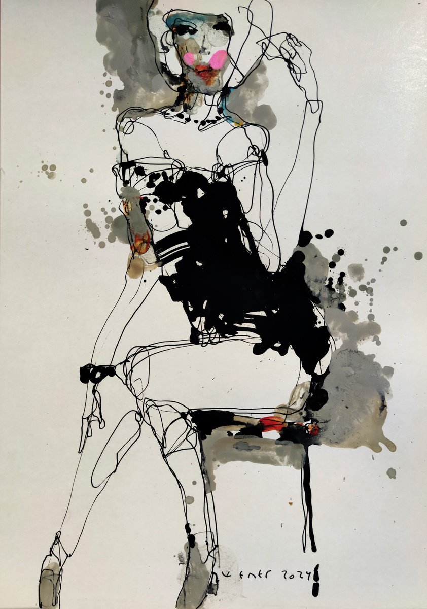 Expressive Portrait Ink Drawing By Victor Sheleg, 14 X 20", Blonde, Original Artwork