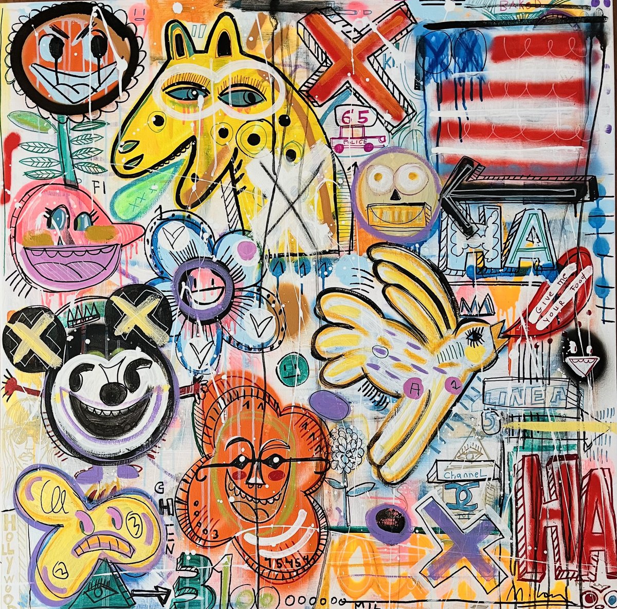 Urban And Pop Portrait Acrylic Painting By Mercedes Lagunas, 39 X 39", No Rules, Original Artwork