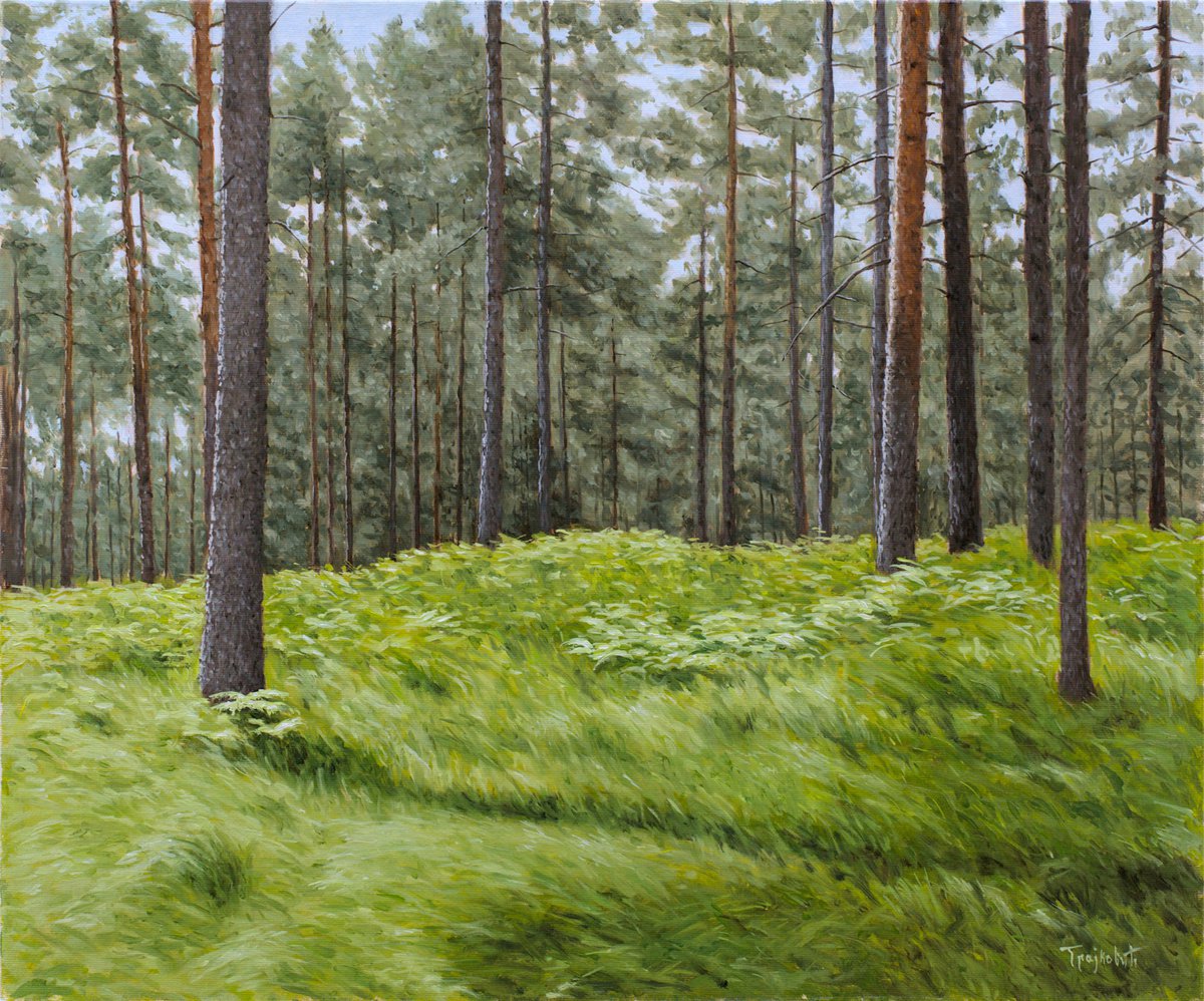 Impressionistic Landscape Oil Painting By Dejan Trajkovic, 30 X 26, Summer In The Pine Forest, Original Artwork