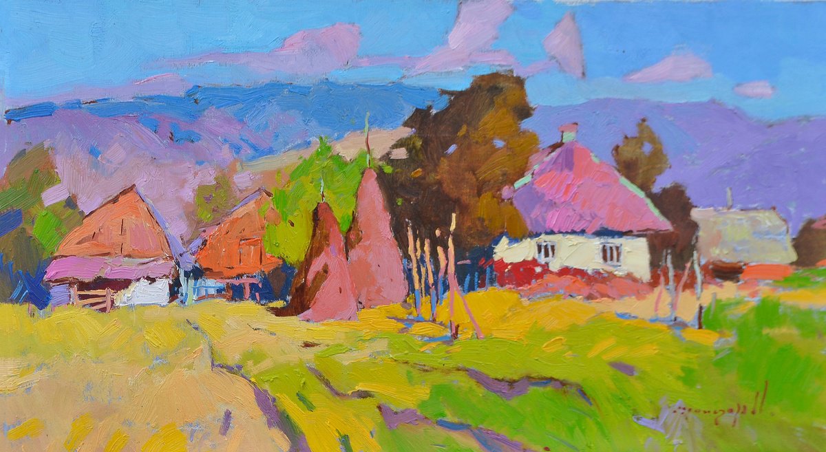 Impressionistic Landscape Oil Painting By Alexander Shandor, 28 X 15, Sunny Yard, Original Artwork
