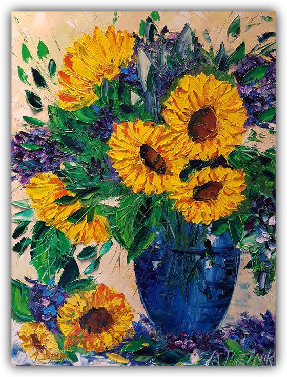 Sunflowers and blue vase 30*40