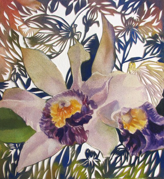 orchid with butterfly watercolor and paper cut
