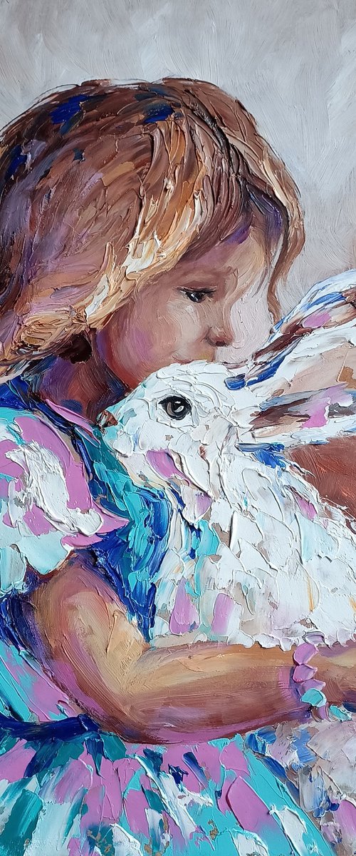 Little girl - childhood, child, oil painting, kids, girl, cat, for childs room, for kids, happy childhood, children by Anastasia Kozorez