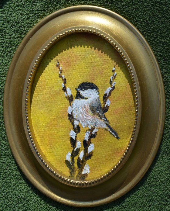 Chickadee Set 23 - Bird # 2 - framed oil on oval 5X7 inch canvas (SOLD)