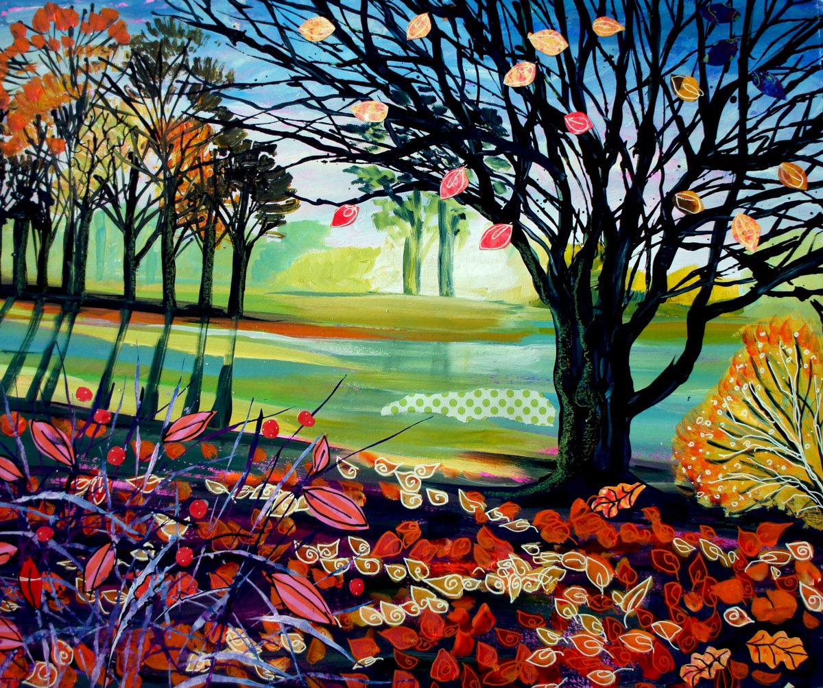 Impressionistic Landscape Painting By Julia Rigby, 20 X 17", Leaf Fall, Original Artwork