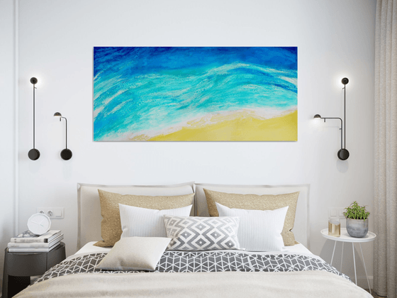 Whispering Waves  (Ready to hang - Large painting in turquoise and blues, water, seaside, waves)