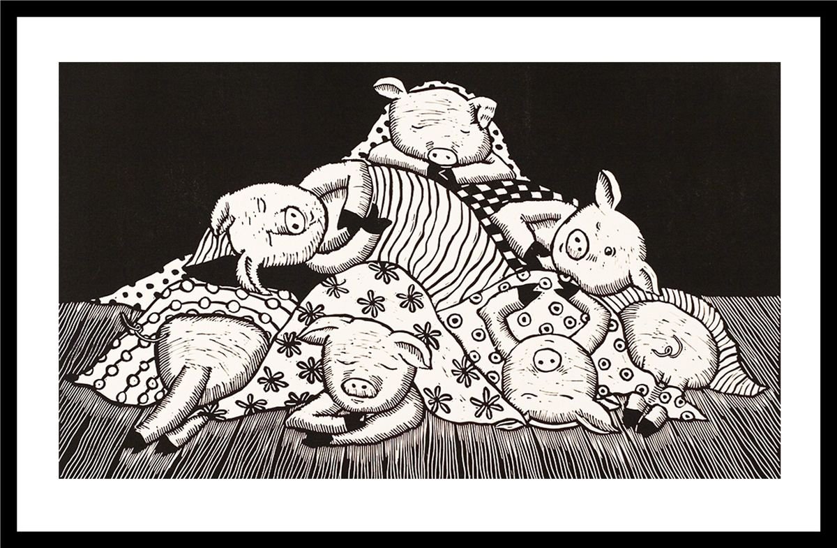 Pigs in Blankets, black and white linocut by Mariann Johansen-Ellis
